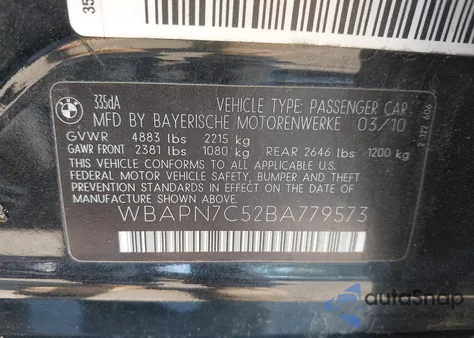 2011 BMW 335D из США, поврежденный, VIN WBAPN7C52BA779573